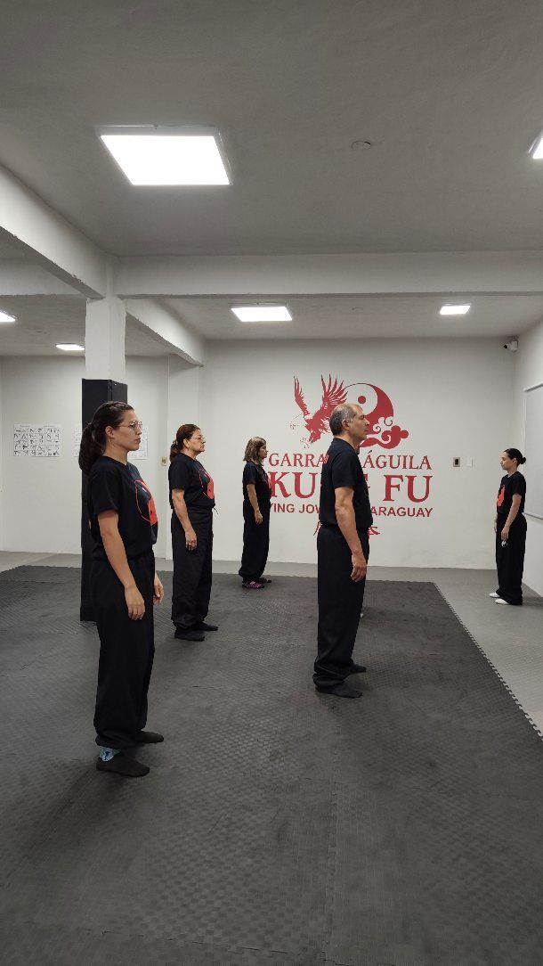 Grupo de Tai Chi en formación en la sala de entrenamiento
